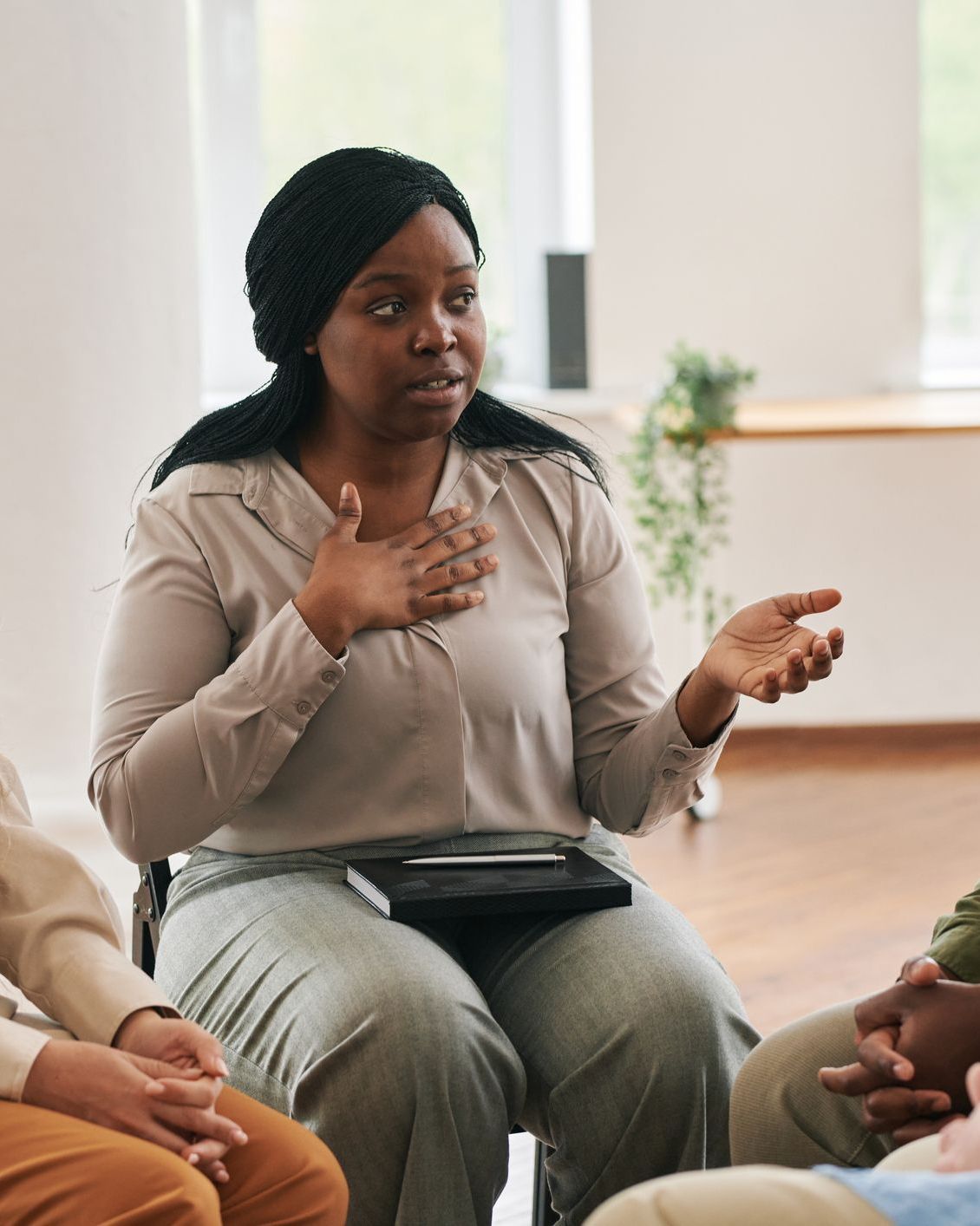 Therapeutic Intervention - Crisis Stabilization Confident black woman describing her mental problem or worries at session
