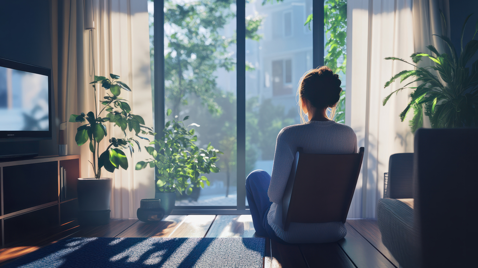 Mental health, thinking and woman in living room with memory, peace or thoughtful at home. Female therapist, nostalgia or morning reflection on leave for wellness, break or healthy mind in apartment Mental Health Leave