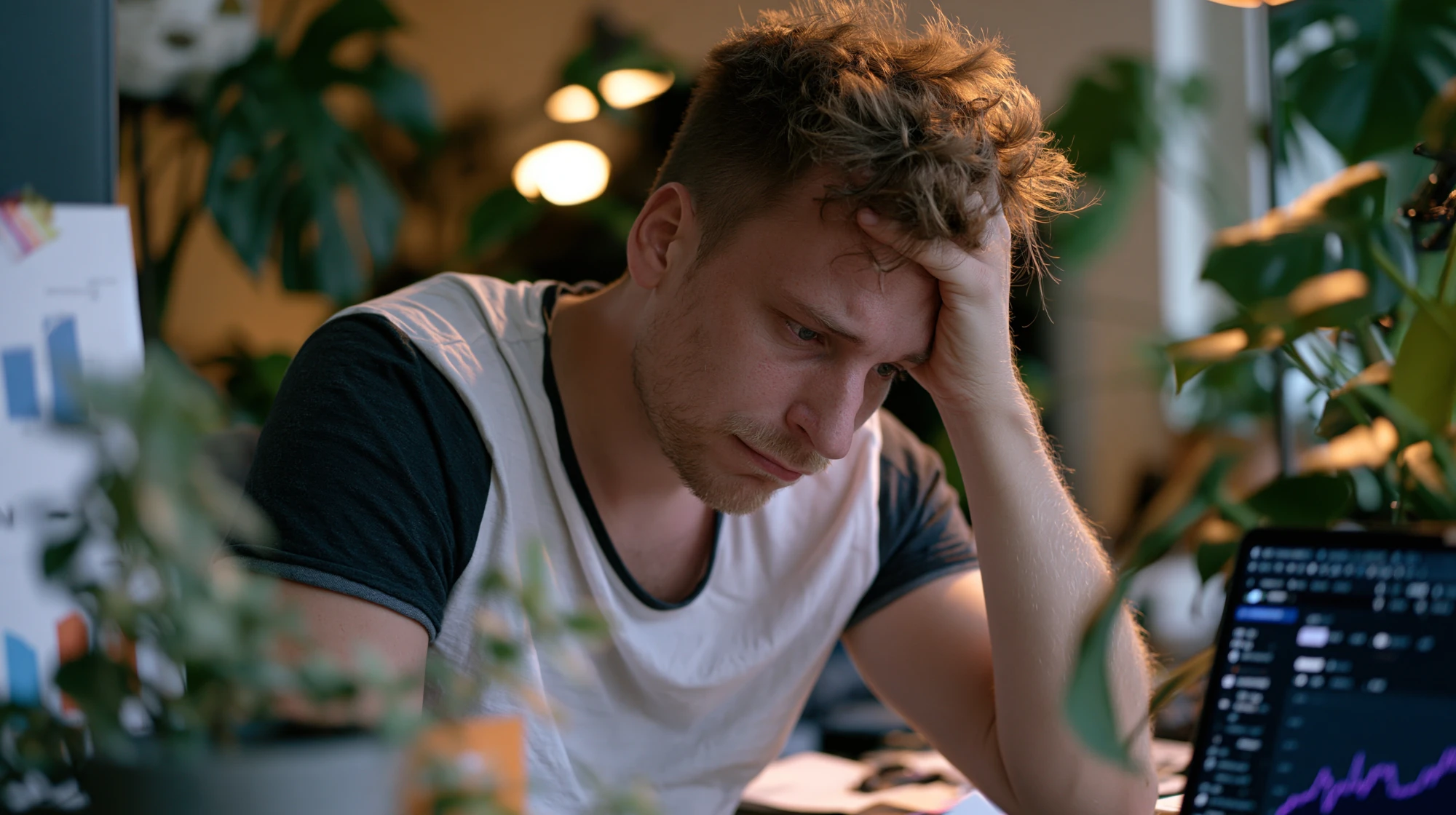 Business owner at a desk looking drained, showing the warning signs of founder burnout.