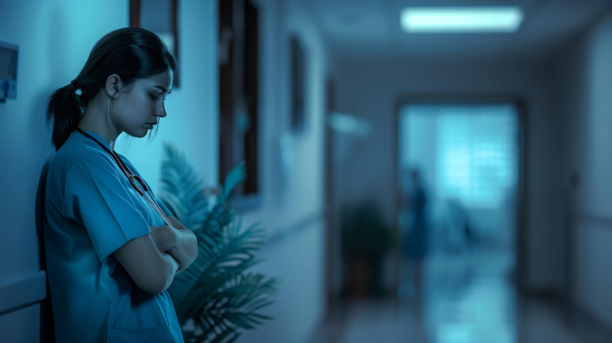 Nurse pausing at a nurses station, representing taking medical leave from a short-staffed team.