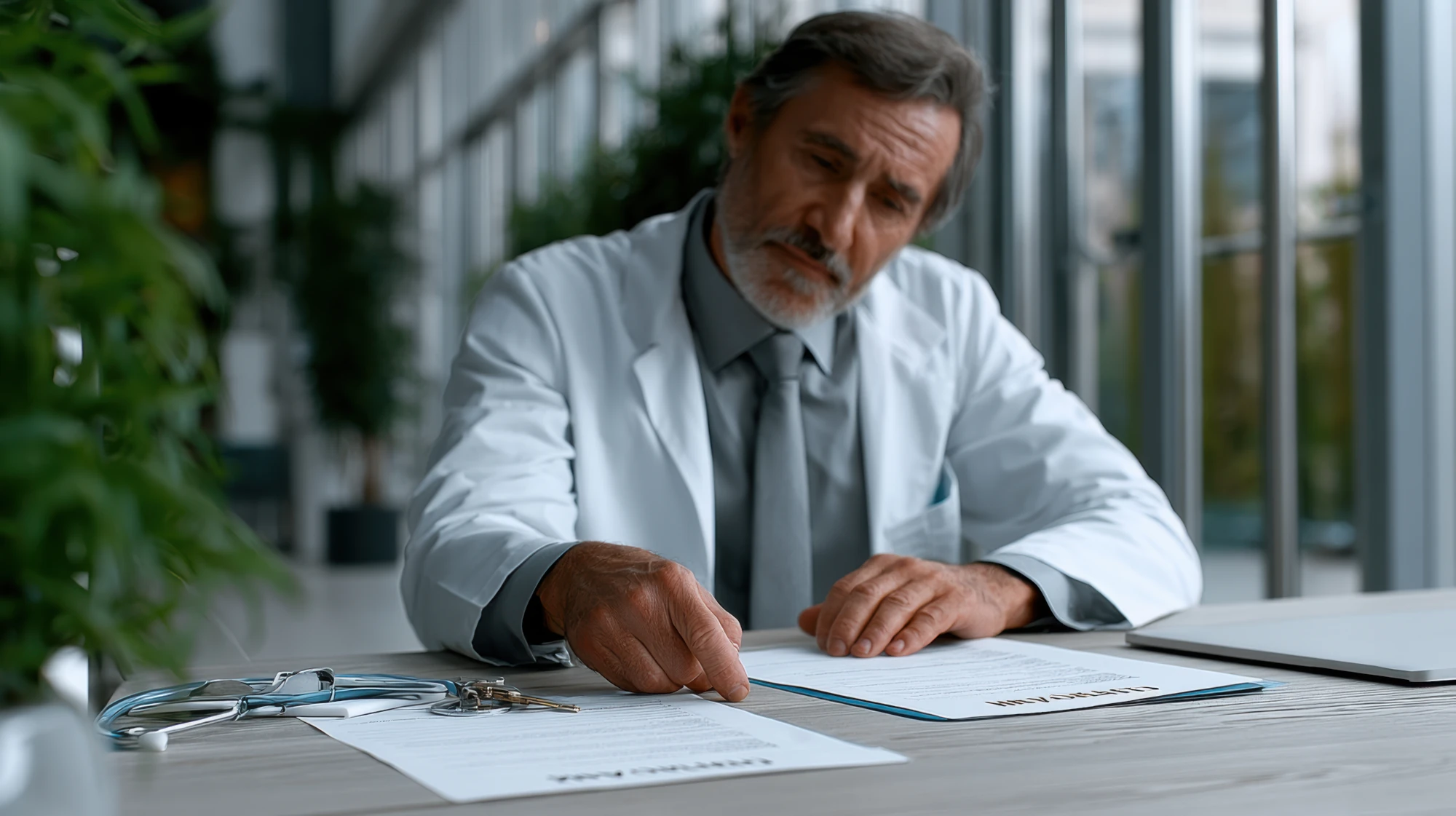 Doctor reviewing paperwork alone at home, representing concerns about medical licensure and confidential treatment.