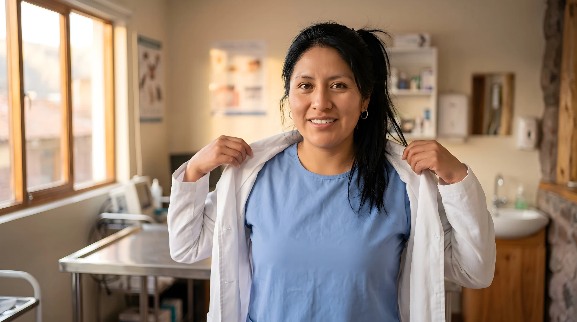 Physician putting on a white coat before a shift, representing returning to practice after mental health treatment.