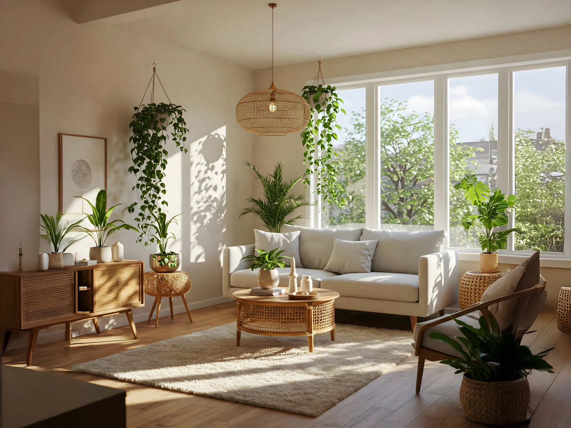  A bright, cozy living room with a sofa, soft pillows, and natural light from large windows