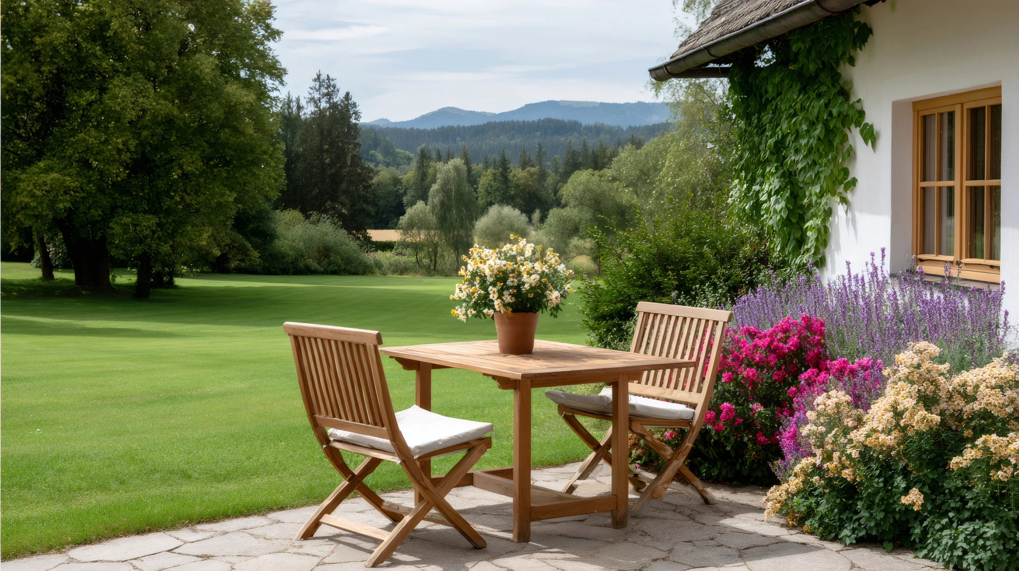  A quiet backyard patio with outdoor chairs, green plants, and soft afternoon light