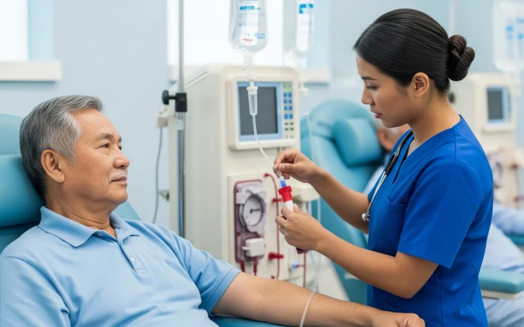 A nurse in scrubs checking a patient's blood pressure with an arm cuff in a bright exam room