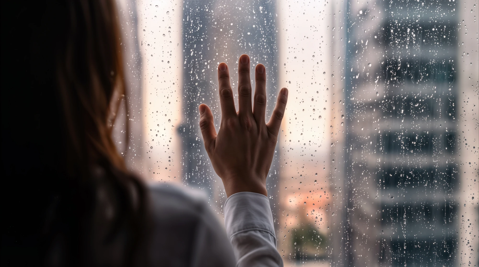 A woman standing at a window with her hand resting on the glass, looking out at a soft, hazy view<br />

