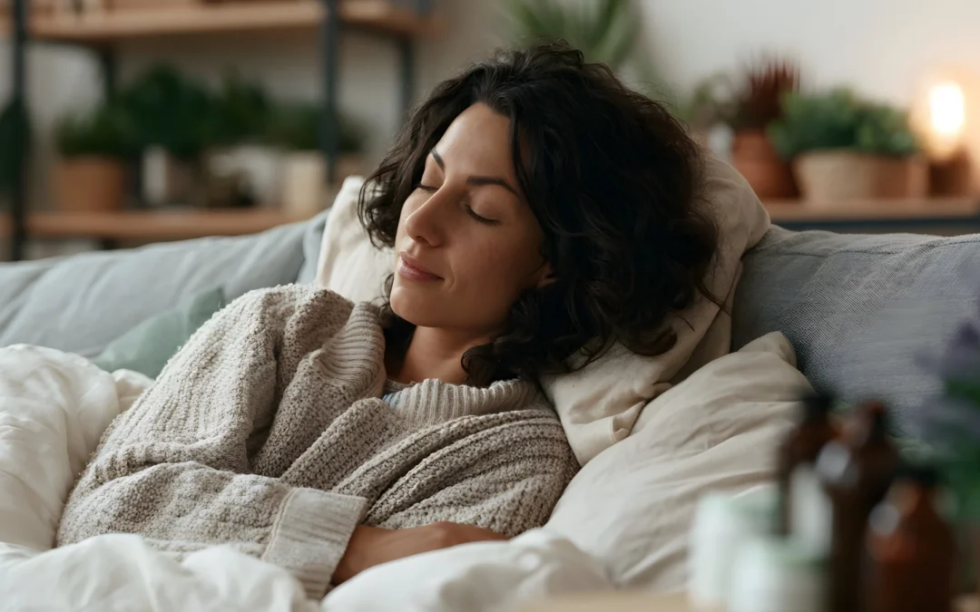 A woman resting on a sofa at home with her eyes closed and a blanket over her lap