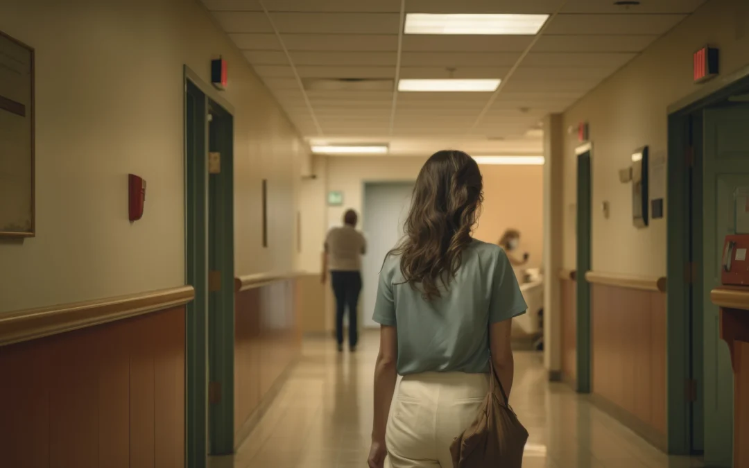 A woman carrying a small bag walking out through hospital doors with another adult beside her