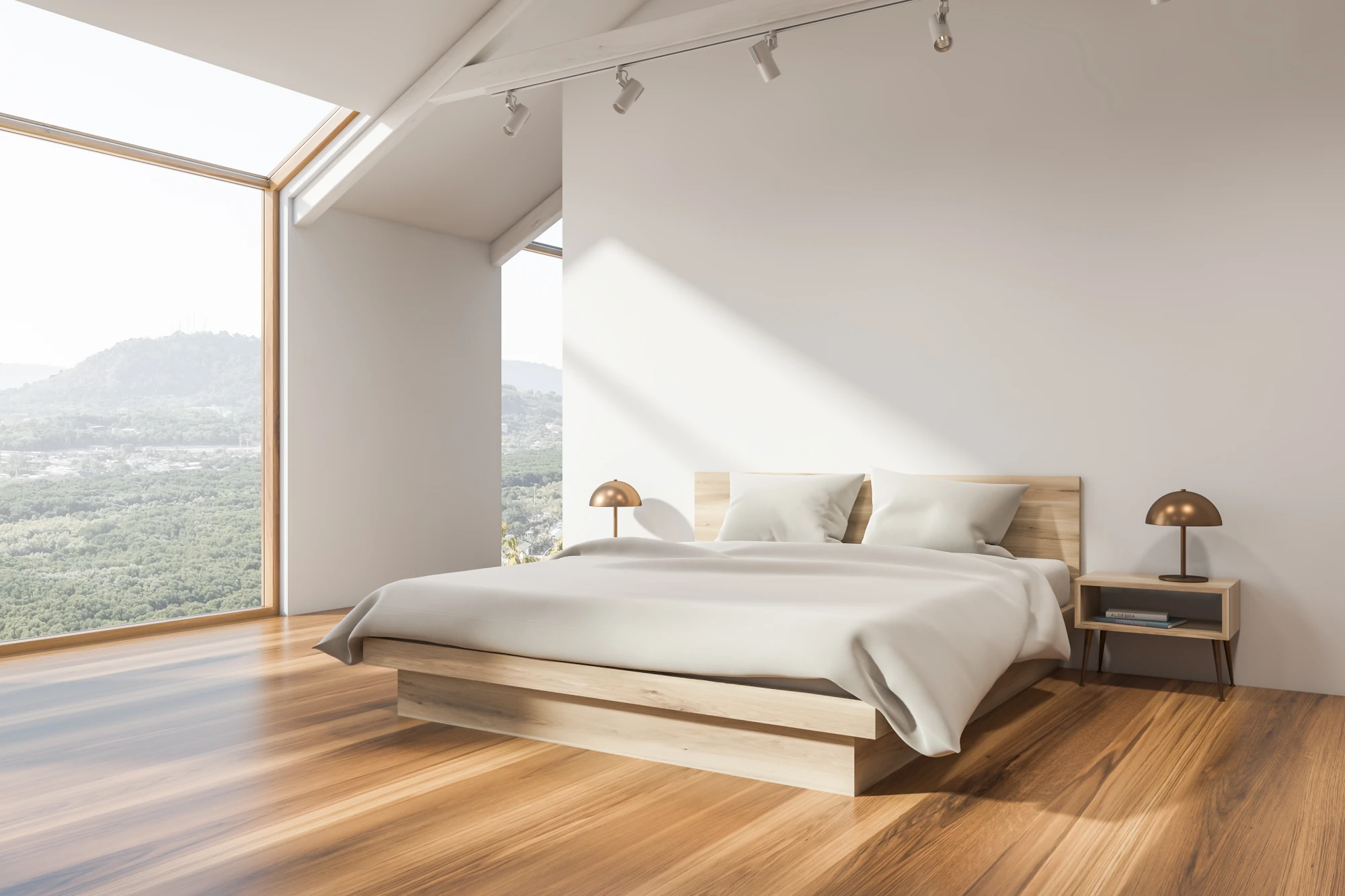 : A calm, bright bedroom with a neatly made bed, soft natural light, and a window